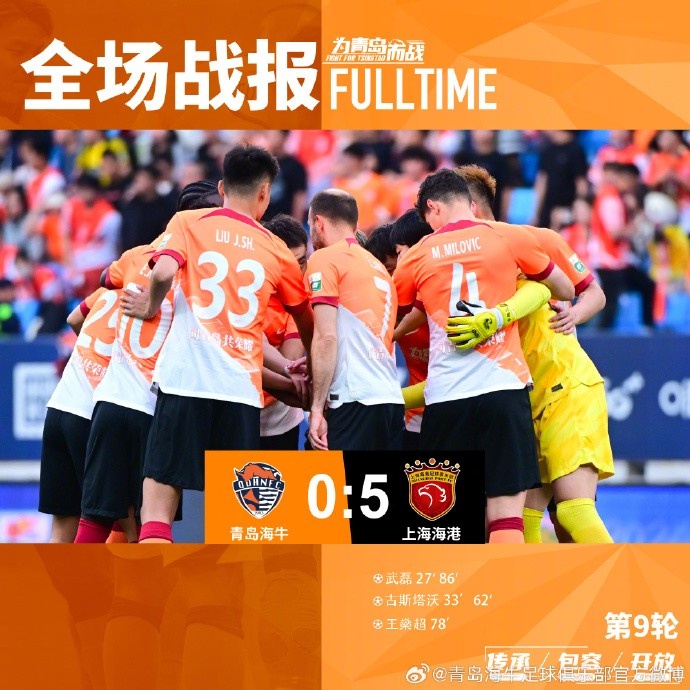 FULLTIME  青岛海牛0:5上海海港 不断努力缩小差距！